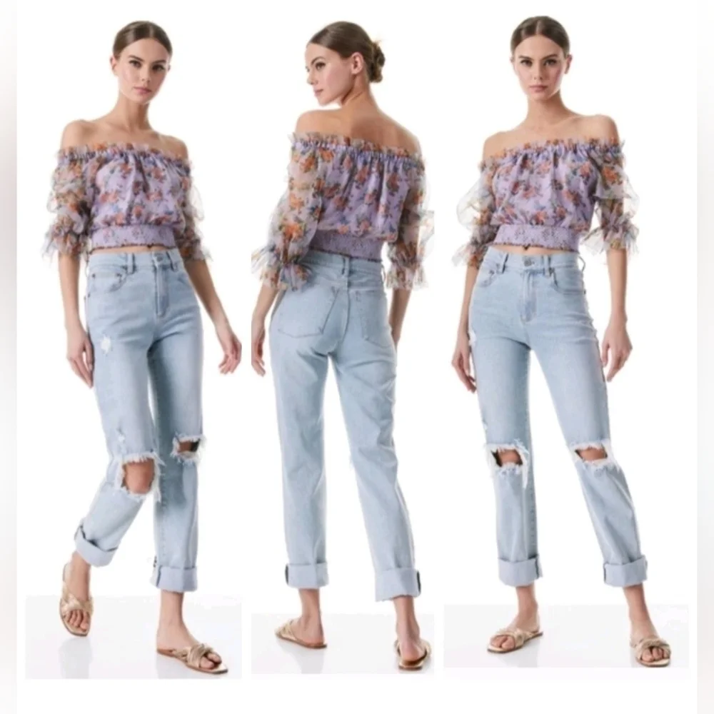 ALICE + OLIVIA Caprina Silk Puff Sleeve Off Shoulder Crop Top Size Small NWOT - Picture 3 of 15
